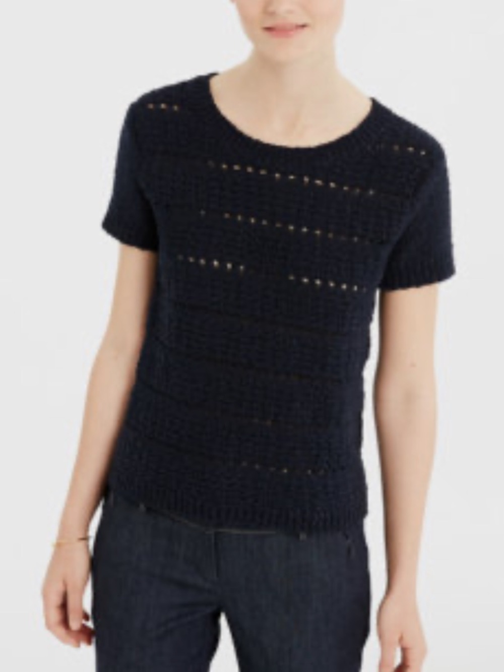 Ann Taylor Navy Blue Open Stitch Short Sleeve Cotton Sweater, size small